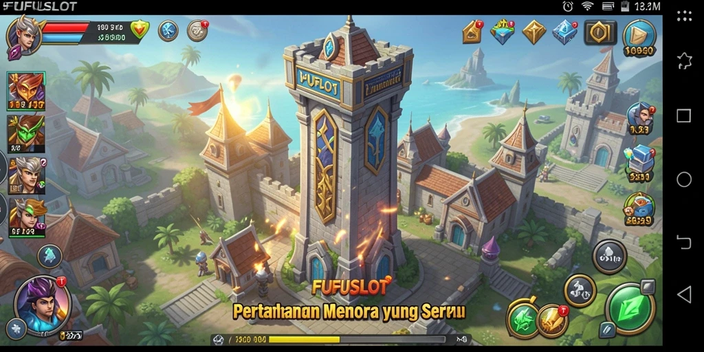Tampilan gameplay FUFUSLOT yang menampilkan pertahanan menara yang seru.