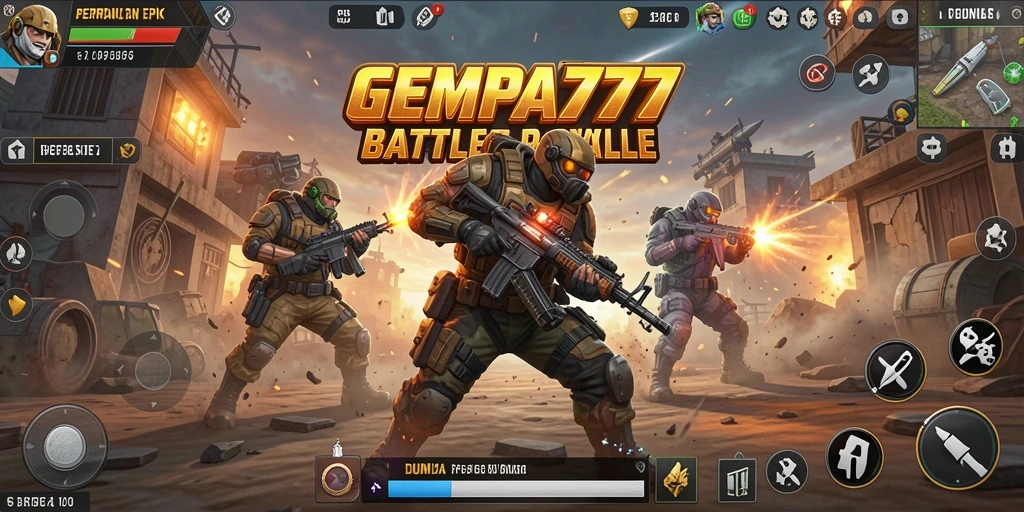 Tangkapan layar utama GEMPA777 menampilkan aksi mendebarkan dalam pertempuran Battle Royale.