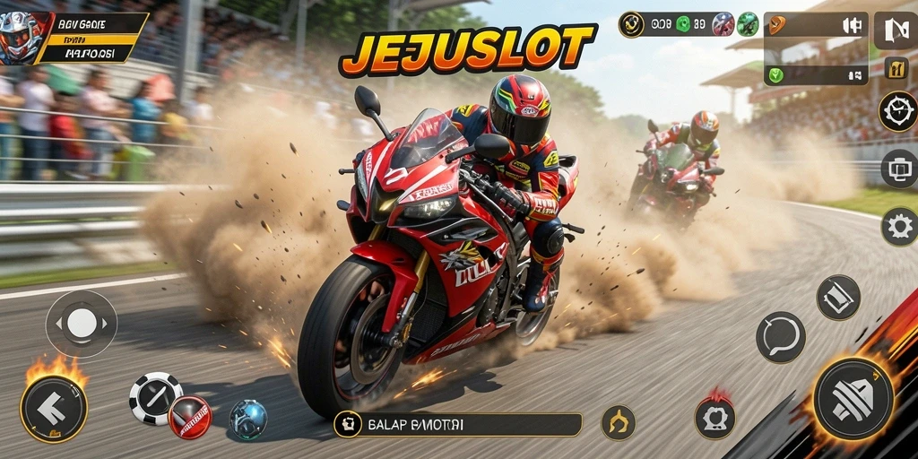 Gameplay seru JEJUSLOT dengan balapan motor yang mendebarkan.