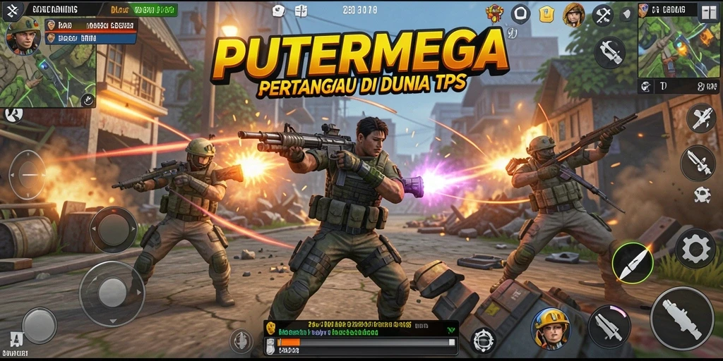 Screenshot utama PUTERMEGA menampilkan aksi pertempuran intens di arena TPS.
