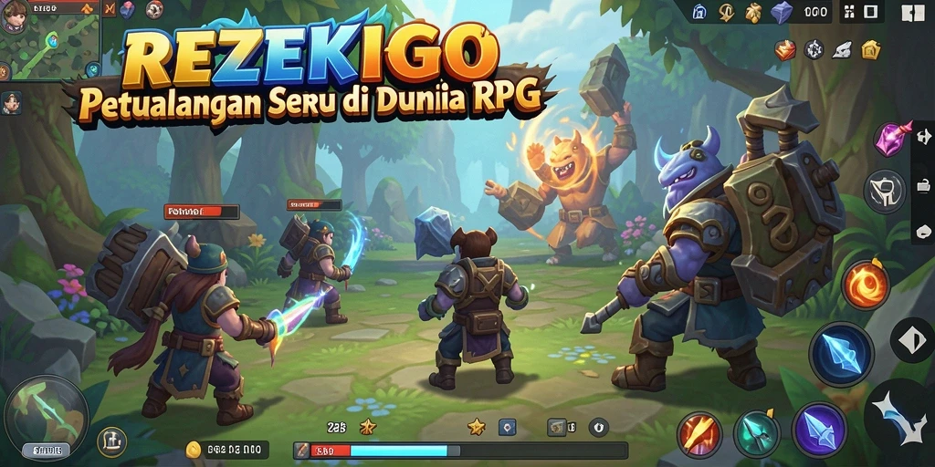 Screenshot utama memperlihatkan aksi seru dalam game RPG REZEKIGO.