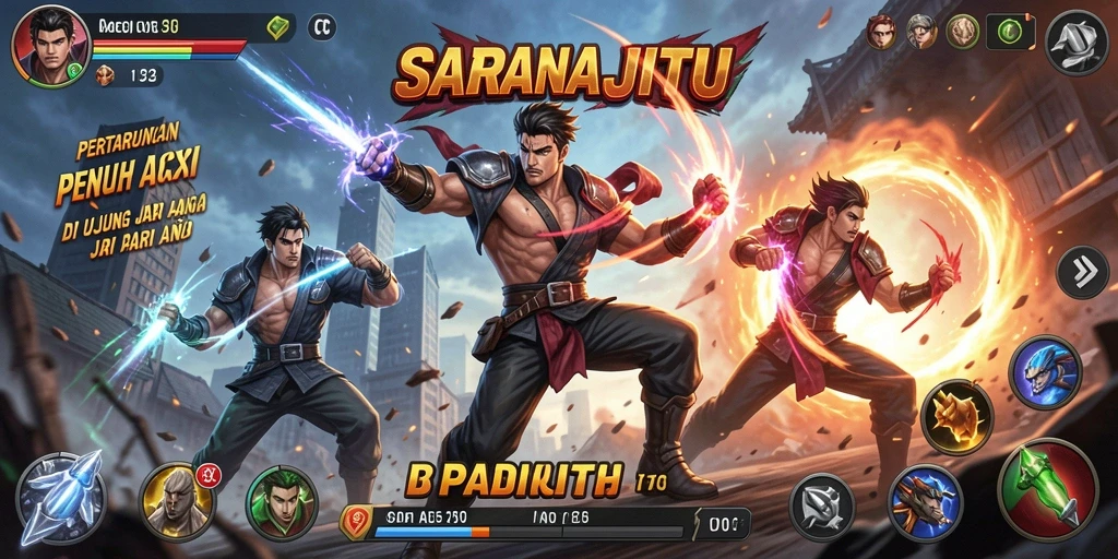 Tangkapan layar utama SARANAJITU menunjukkan aksi pertarungan seru dan intens.