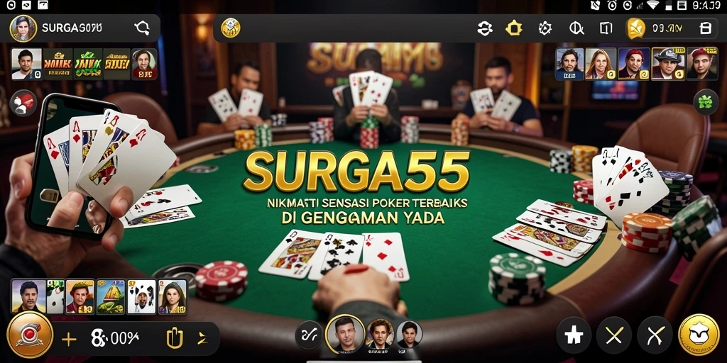 Tangkapan layar gameplay SURGA55 dengan dealer dan pemain poker.