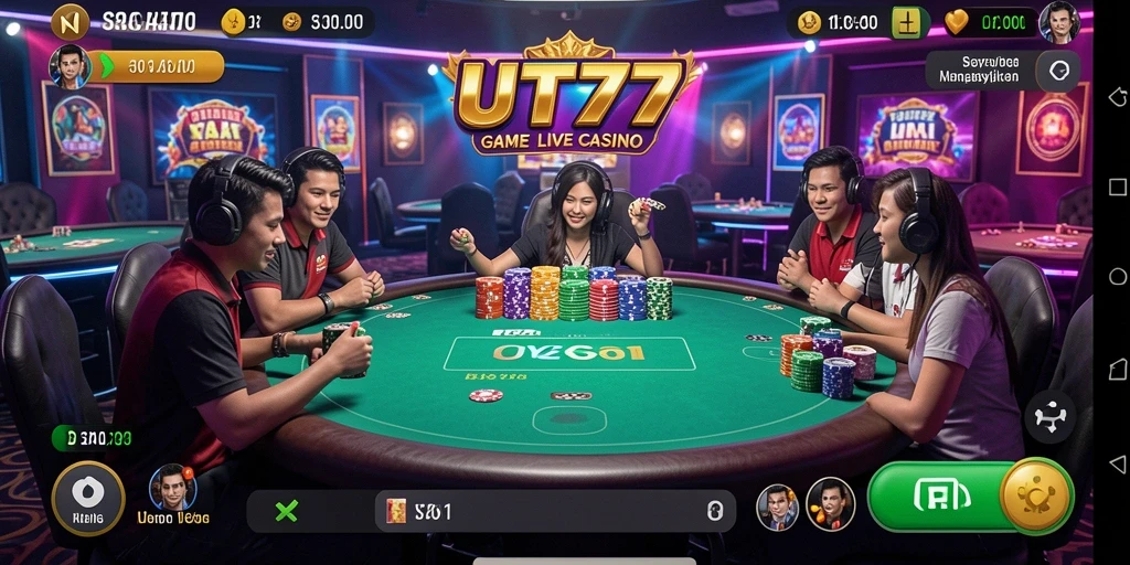 Screenshot UT77 menampilkan dealer live yang profesional dalam permainan Live Casino.